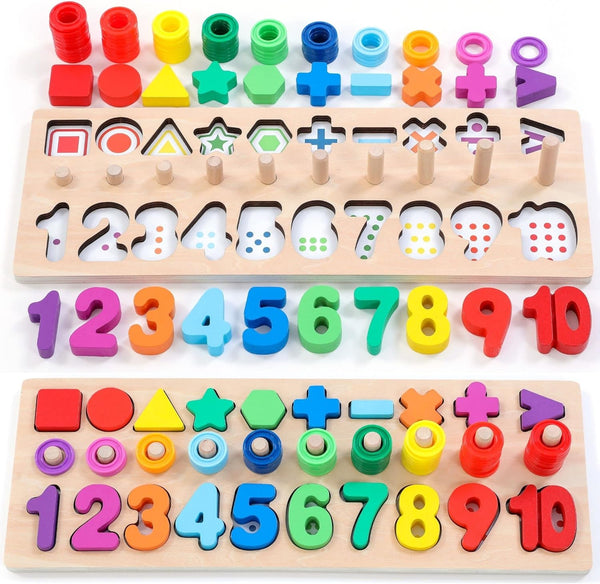 Wooden Montessori Toys for Kids, Toddler Number Puzzles Sorter, Counting Shape Stacker for Learning Education Math