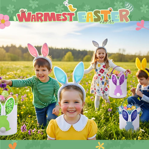 6 1, Honeydak Pcs Easter Eggs Hunt Basket for Kids Lighted Bunny Canvas Rabbit Tote Carry Bags Bucket (color Paillette