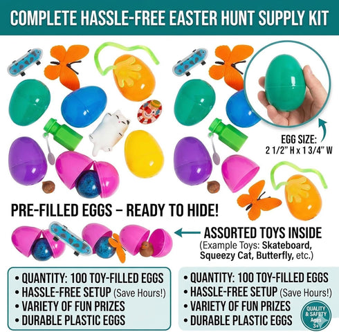 2 1/2" 100 Fun Express Bulk Pc. Colorful Toy-Filled Plastic Easter Eggs, Ready To Hide For Easter Hunts, Bunny Trunk