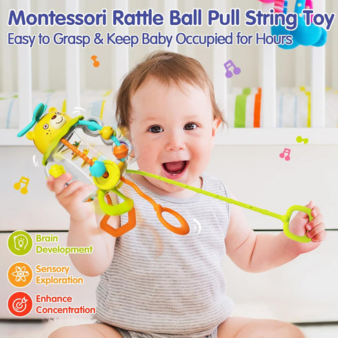 HOLA Montessori Toys for 1 Year Old Boy - Rattle Teething Toys for 0-12 Months, Silicone Pull String Sensory Toys