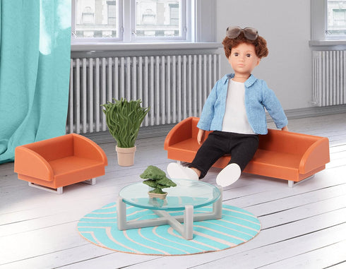 Lori Mini Boy Doll & Toy Living Room Furniture Set – 6-inch Doll with Sofa, Armchair, Coffee Table, Rug, Plants