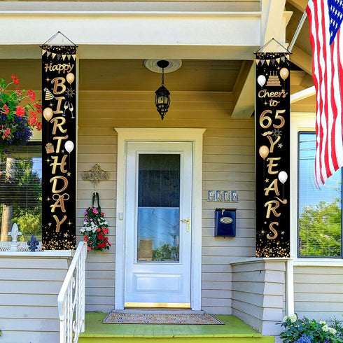 2 Pieces Black and Gold 65th Birthday Party Decorations, Cheers to 65 Years Banner for Men and Women