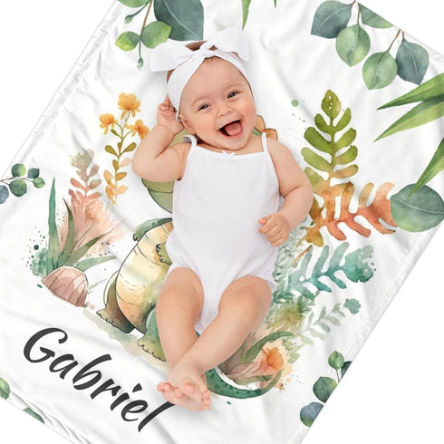 Novusopt 30 40 Personalized Baby Blanket,Custom Dino Blanket Girl Boy-Dinosaur Customized Baby Blanket with Name,Kids