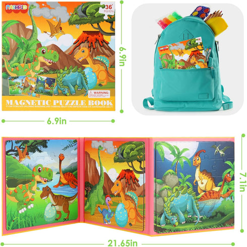 Magnetic Puzzles for Kids Ages 4-6, 20-Piece Travel Dinosaur Toddler Puzzles, Educational Learning Magnets for Road
