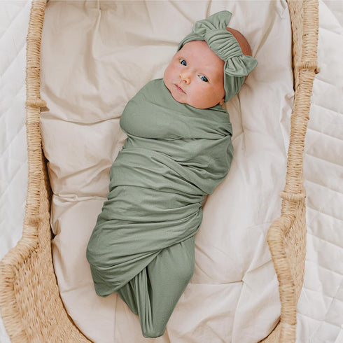 Konssy Baby Girl Newborn Receiving Blanket with Matching Headband and Beanie Set, Light Green Swaddle Wrap