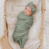 Konssy Baby Girl Newborn Receiving Blanket with Matching Headband and Beanie Set, Light Green Swaddle Wrap
