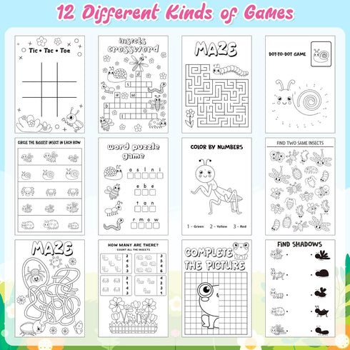 '-24Pcs Set Spring Activity Books for Kids Insect Mini Games Coloring Book Bulk Insect Theme Mazes Word Search Word