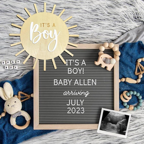 Double Sided Sun Gender Reveal Sign, Boho Sun Baby Boy or Girl Pregnancy Birth Announcement Wooden Sign, It's A Boy