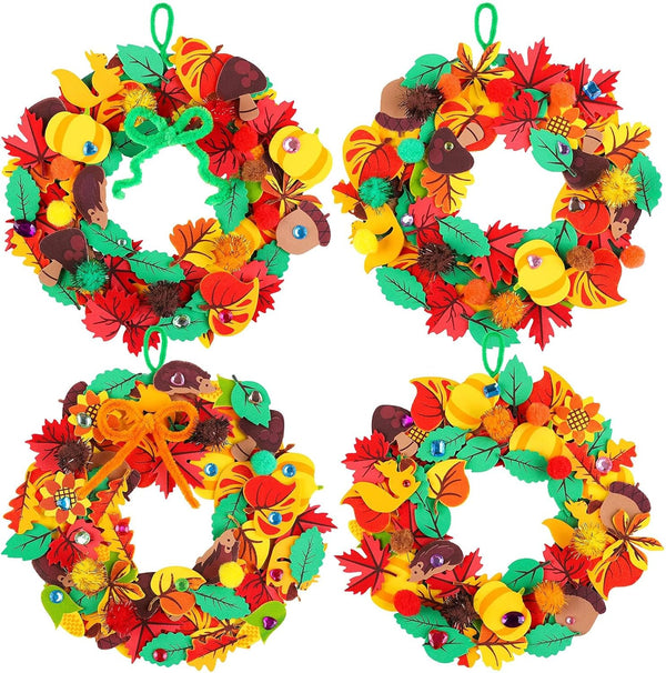 Aneco 12 Kits DIY Fall Leaf Wreath Craft Kits with Foam Leaves, Stickers, Chenille Stems for Thanksgiving
