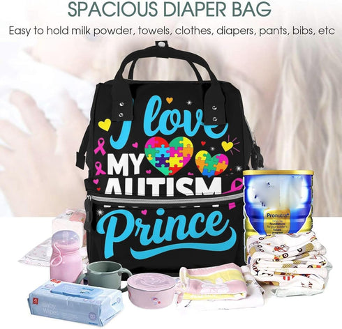 Qewfoju Backpack Backpack I Love My Autism Print Diaper Bag Large Capacity Diaper Baby Changing Bags