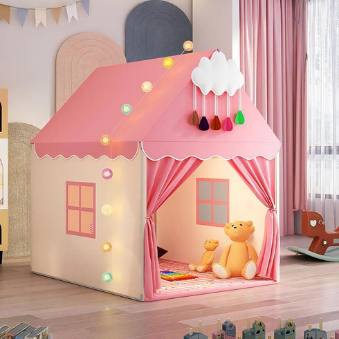 Pink Kids Play Tent with Mat, Cloud and Ball Lights, Large Playhouse for Boys and Girls, Indoor & Outdoor Toddler