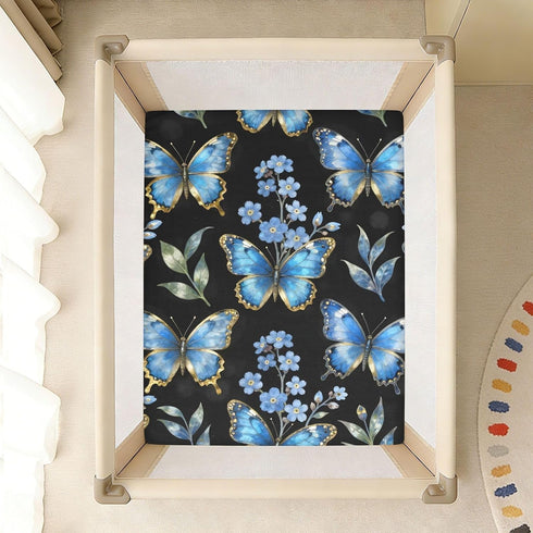 CZXW 52" 28" Blue Butterflies Floral Forget-me-not Crib Sheets Fitted x Natural Cotton Soft & Breathable for Baby Crib