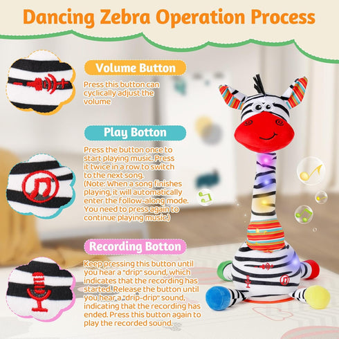 1-3 Dancing Talking Zebra Toy, Stuffed Animal Baby Toy Repeating What You Say, Easter Toys for Kids Glowing Musical