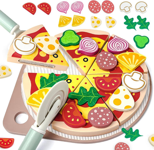 Wooden Pizza Toy Set, 25 Pcs Cutting Toys Kitchen Pretend Play Accessories,