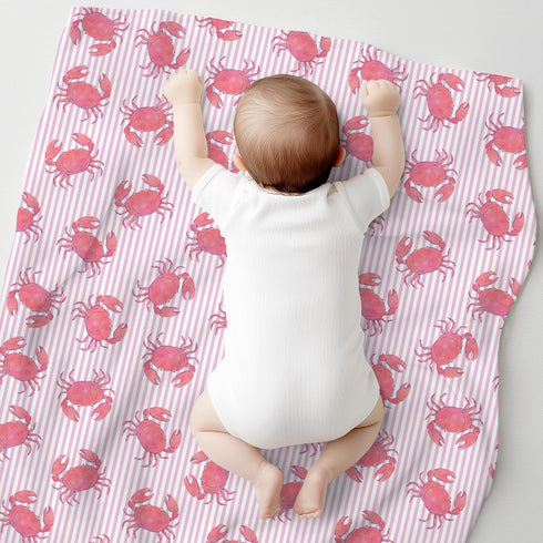 Cstdyfrv Summer 60x80in Watercolor Crab Striped Baby Blankets for Boys Girls Pink Crabs Sea Ocean Coastal Swaddle