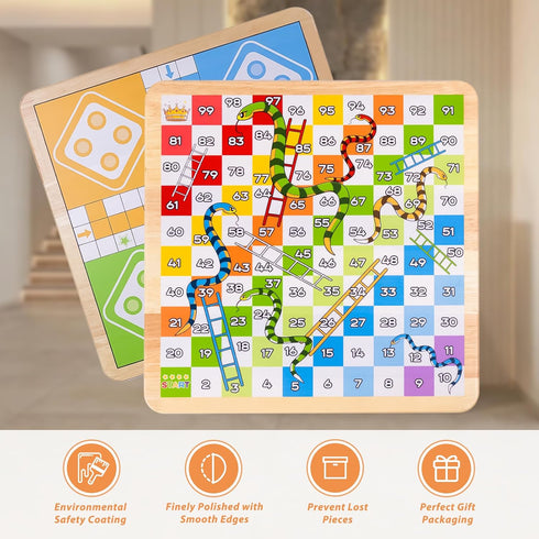 12 Inch 2-in-1 Set Wooden Ludo & Snakes Board Game, Reversible Travel with Storage Bag & Organizer Box (All-in-One