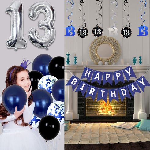 13th Birthday Decorations for Boys - Dark Blue HAPPY BIRTHDAY Banner and Silver Number 13 Balloons, Party Supplies
