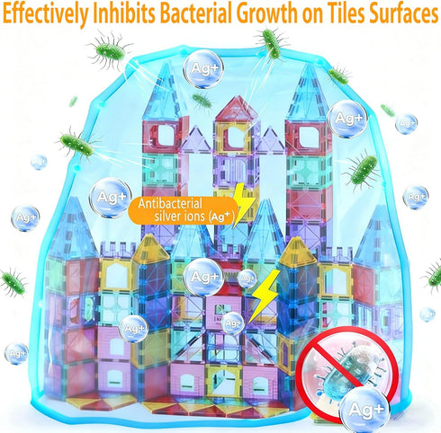 124PCS, 4 Set Upgraded Antibacterial Magnetic Tiles Including Large Square Tiles, Magnetic Building Blocks, Inhibits