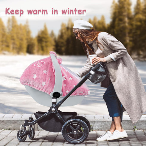 2 Car Seat Cover Baby Girls Boys, Soft Flannel Infant Carseat Cover with Zipper Windows, Star Carrier Cover Canopy Glow