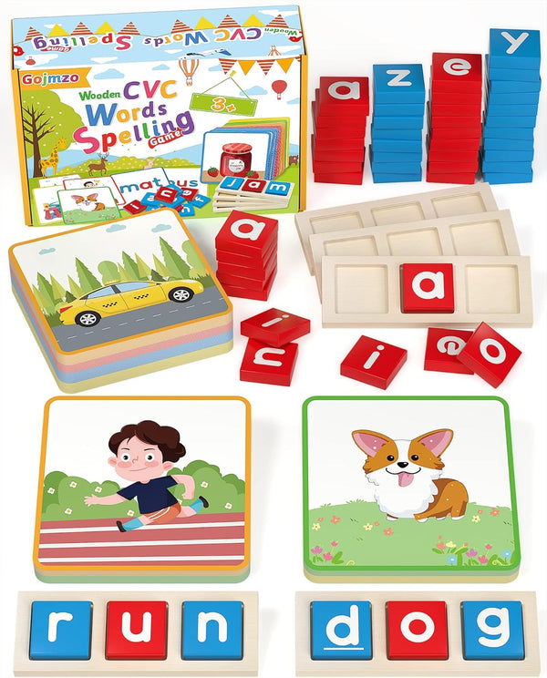 Gojmzo Wooden CVC Word Spelling Games, Montessori Educational Toys Gifts for 3-6 Year Old Kids, Sight Words Flash Cards