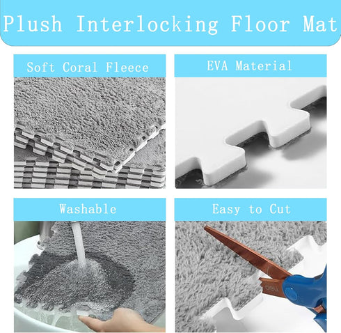 12 Interlocking Carpet Shaggy Soft EVA Foam Mats Fluffy Square Interlocking Carpet Tiles Protective Floor Tiles