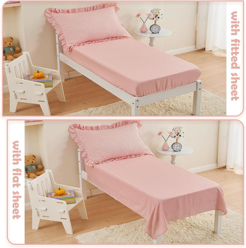 Cozyholy 4 Set Set Set Piece Textured Seersucker Toddler Bedding Girls Crib Sheets Pink Ruffle Baby Bed Comforter