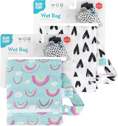 Bumkins Waterproof Wet Bag for Baby, Reusable Zip Bag for Travel, Swim Suit, Cloth Diapers, Daycare, 2-pk