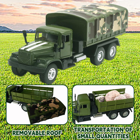 OTONOPI Military Truck Armored Vehicle Die Cast Metal Alloy Pull Back Toy Car Army Transport Model for Kids with Lights