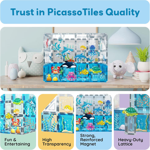 Set 8 3+ PTQ15 PicassoTiles Magnet Tiles Magnetic Building Blocks Aquarium Marine Animal Theme with Character Action
