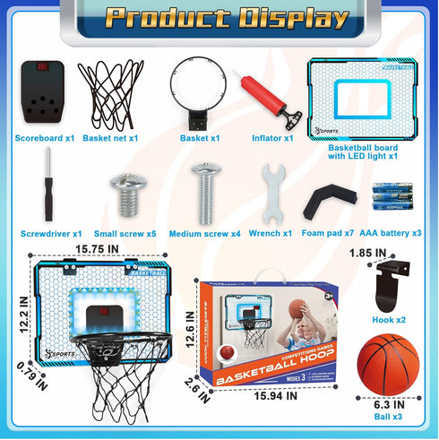 Indoor Basketball Hoop with LED Lights, Mini Basketball Toys for Kids 5-10+ Years, Over The Door with Scoreboard