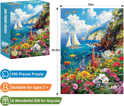 300 Pieces Puzzles for Adults–Colorful Garden By The Ocean Puzzle for Adults Children Elderly–Recycled Paper Puzzle 300 Pieces–Glossy, Sturdy Pieces Challenging Family Game Great Gift Idea (20.5x15in)