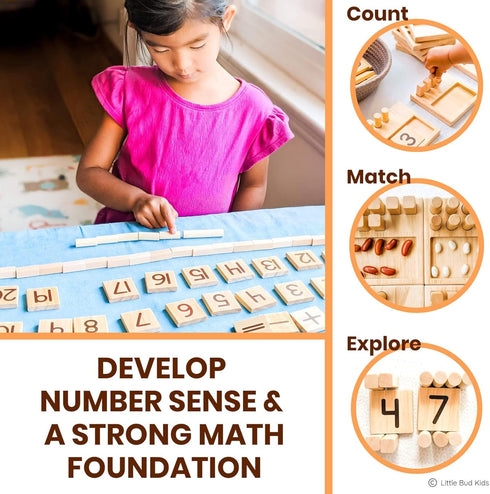 LITTLE BUD KIDS Counting Pegs - A Wooden Montessori Math Toy with Ten Frame Math Game, Addition and Subtraction Flash