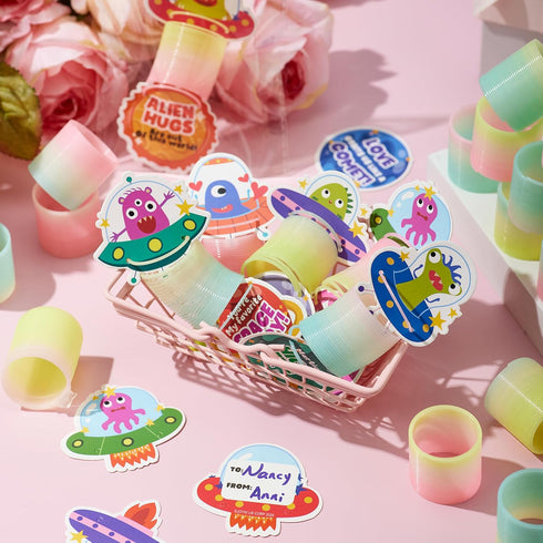 28 Packs JOYIN Valentines Day UFO Alien Cards with Colored Springs, Stress Relief Fidget Coil Springs Toys