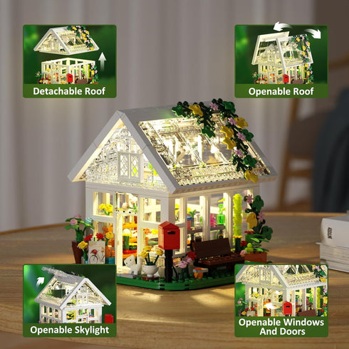 Set, Playset (597 Flower House Building Creative Garden Toy with LED Light, Build a Greenhouse Model, Great Gift