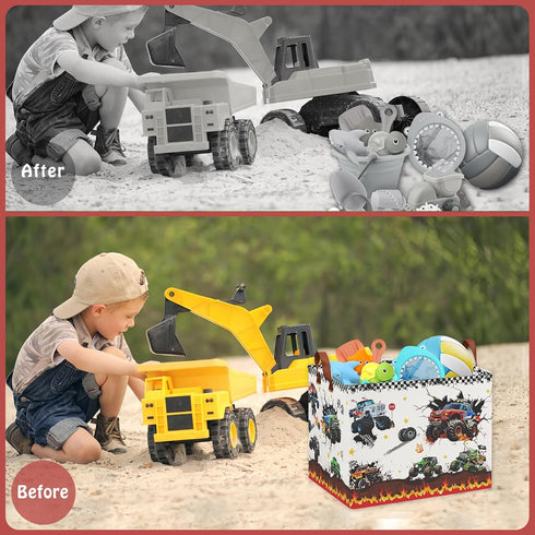 36L Monster Trucks Storage Basket,Collapsible Car Room Decor for Boys ,Waterproof Kids Laundry Hamper, Monster Trucks