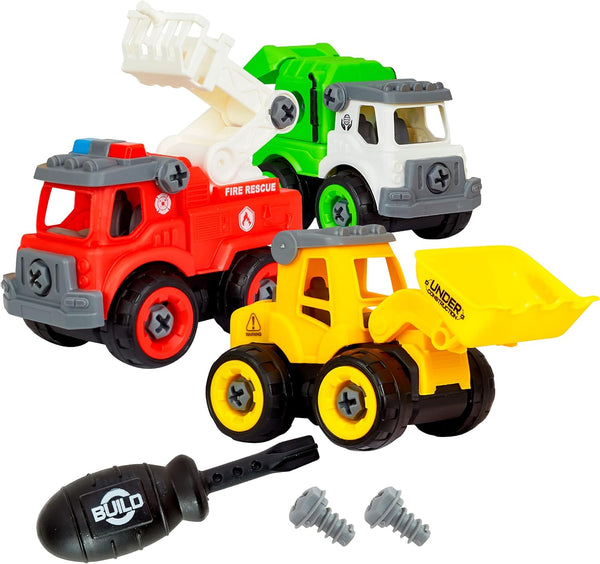 Flybar Power Gearz Take Apart Toy Truck Set, 3 Pack for Boys and Girls - Fire, Construction, Garbage Truck