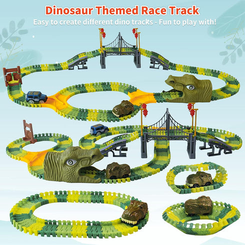 Dinosaur World Race Track Toys - 216pcs Flexible Track Playset with 1 Dinosaur Car, 1 Race Car, 6 Dino Toys