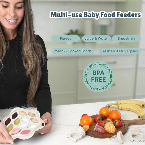 Set 3-in-1 3 Baby Fruit Feeder & Teether Food Pacifier, Breastmilk Popsicle Tray & Adjustable Bib Pacifier Sizes