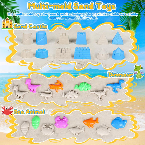 HUUIDY 4 4-12 Beach Toys for Kids, Sand Toys with Sand Buckets and Shovels for Kids, Sand Castle Building Kit with Mesh