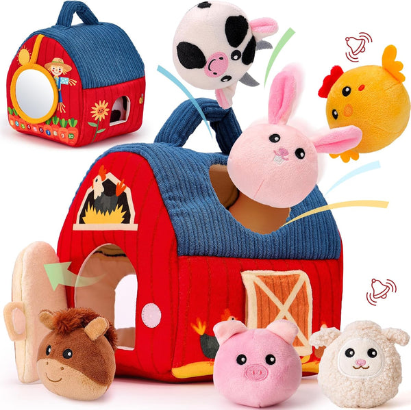 hahaland Baby Toys 6-12 Months - Surprise Barn Stuffed Farm Animals, Rattle,
