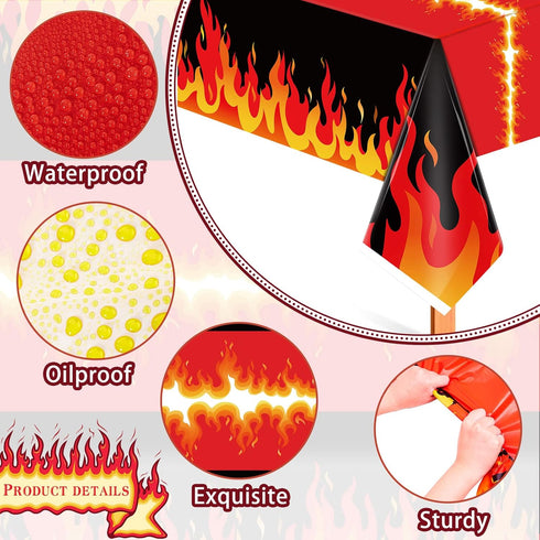 Tegeme Fire Tablecloths Firefighter Party Supplies, Flame Plastic Table Covers Rectangle Tablecloths for School Picnic