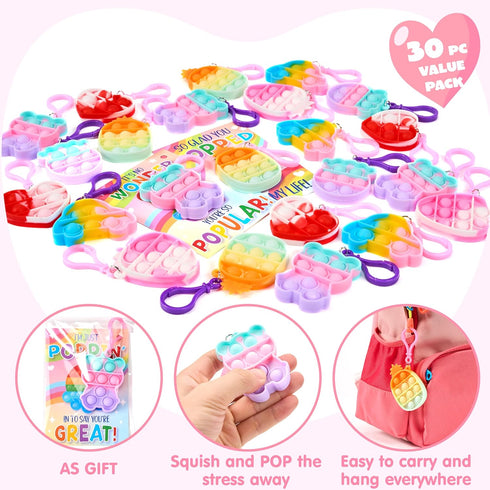 30 Packs 6 JOYIN Valentines Day Gift Cards with Pop Bubble Keychains, Designs Mini Colored Pop, Multi-Shape Stress