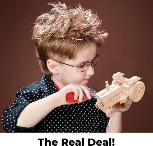 Kraftic Woodworking Building Kit for Kids - 3 Educational DIY Carpentry Projects for Boys and Girls - Tractor,