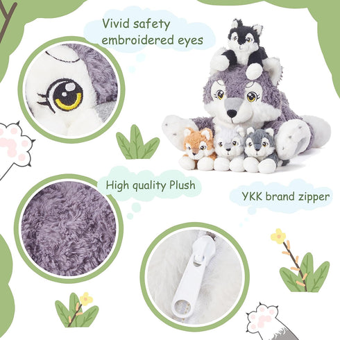 IKASA Mommy Wolf Stuffed Animal, 18" Soft Plush Toy with Mini Babies, Cute Family Set, Gifts for Kids