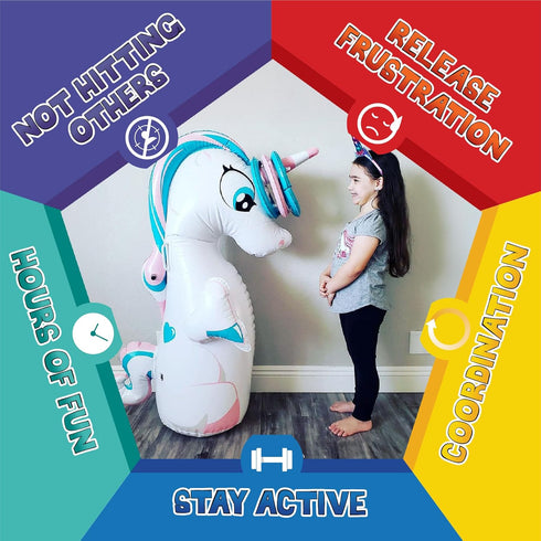 Unicorn 47 Inches Kids Punching Bag, Filled with Sand, Party Bop Bag, Ring Toss with 3 Inflatable Rings
