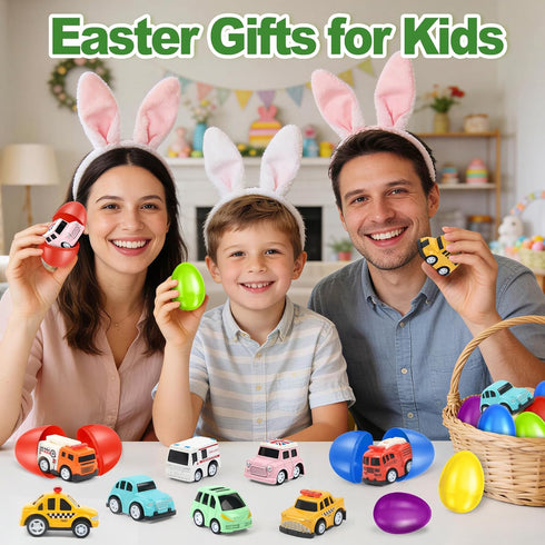 12 Pack OCHIDO Easter Eggs Filled with Die-Cast Cars, Prefilled Easter Eggs with Toys Inside for Kids Easter Basket