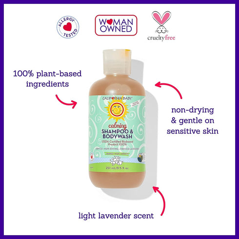 100% 251 mL 8.5 oz. California Baby Calming Baby Shampoo + Baby Wash | Plant-Based | Lavender Body Wash For Sensitive