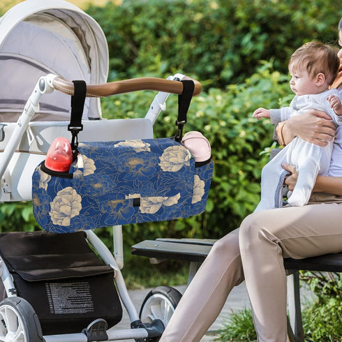 miaozhen Floral2 Navy Blue Gold Peony stroller accessories organizer baby caddy large zip pocket organizador para