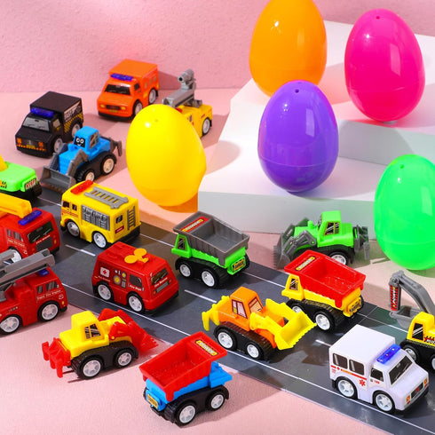 24 JOYIN Pcs Filled Easter Eggs with Pull Back Construction Cars, Prefilled Easter Egg with Vehicle for Kid Boys