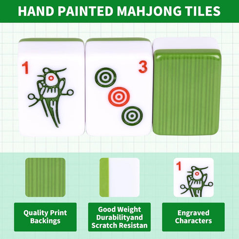 Chinese Small Mahjong Set, 144 Numbered Melamine Tiles (Green) with Carrying Bag, Complete Game Set